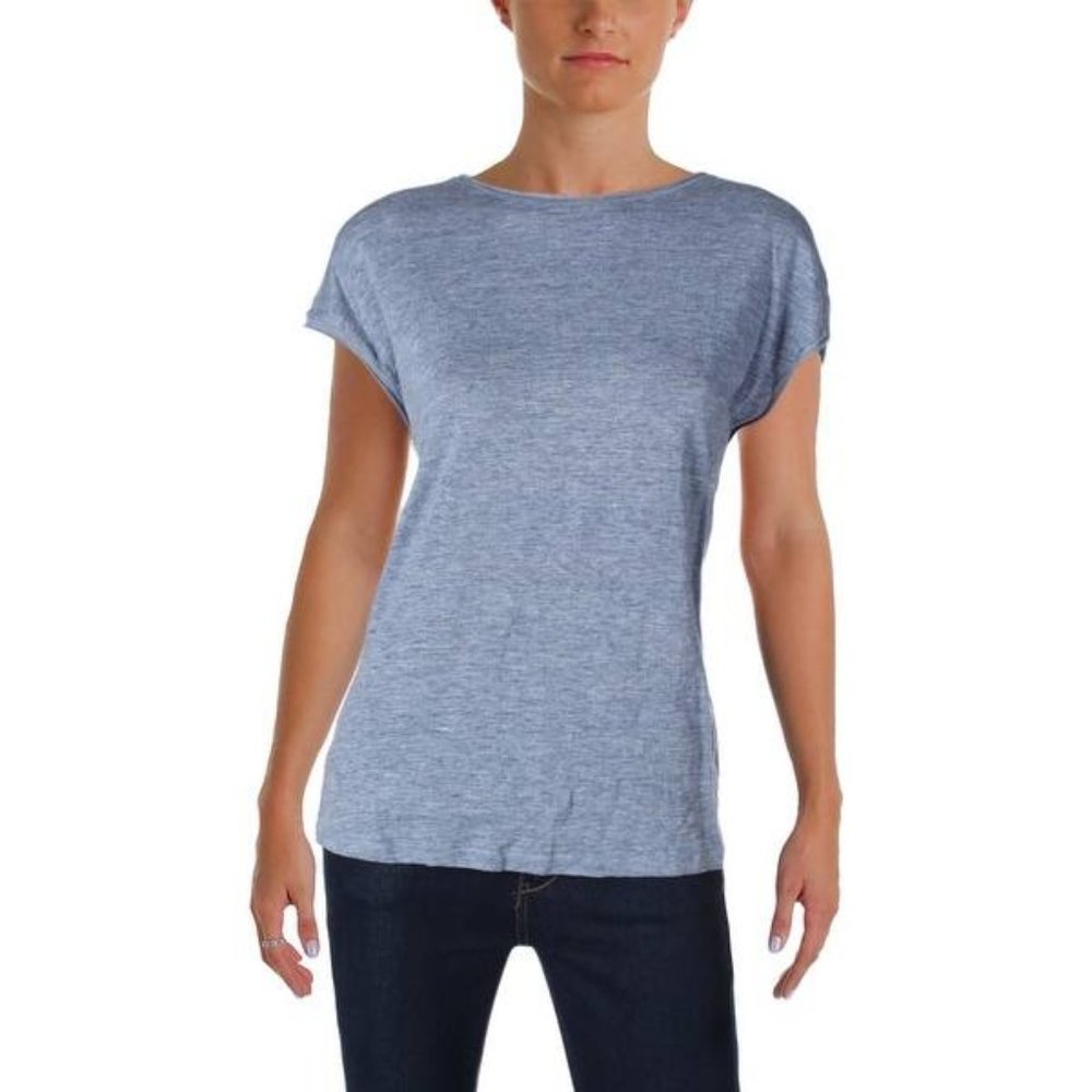Theory Blue Ginala Cash Casual Top 100% Linen‎ Scoop Neck Tee T-shirt Blouse L